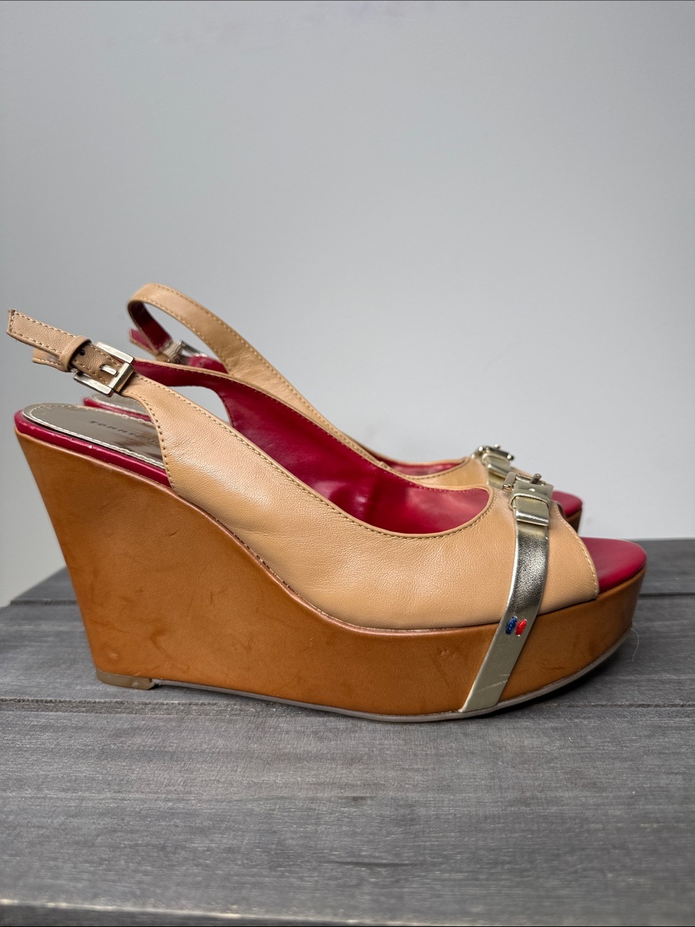 Tommy Hilfiger Tan Wedge Slingback Sandals with Gold Strap and Red Insole